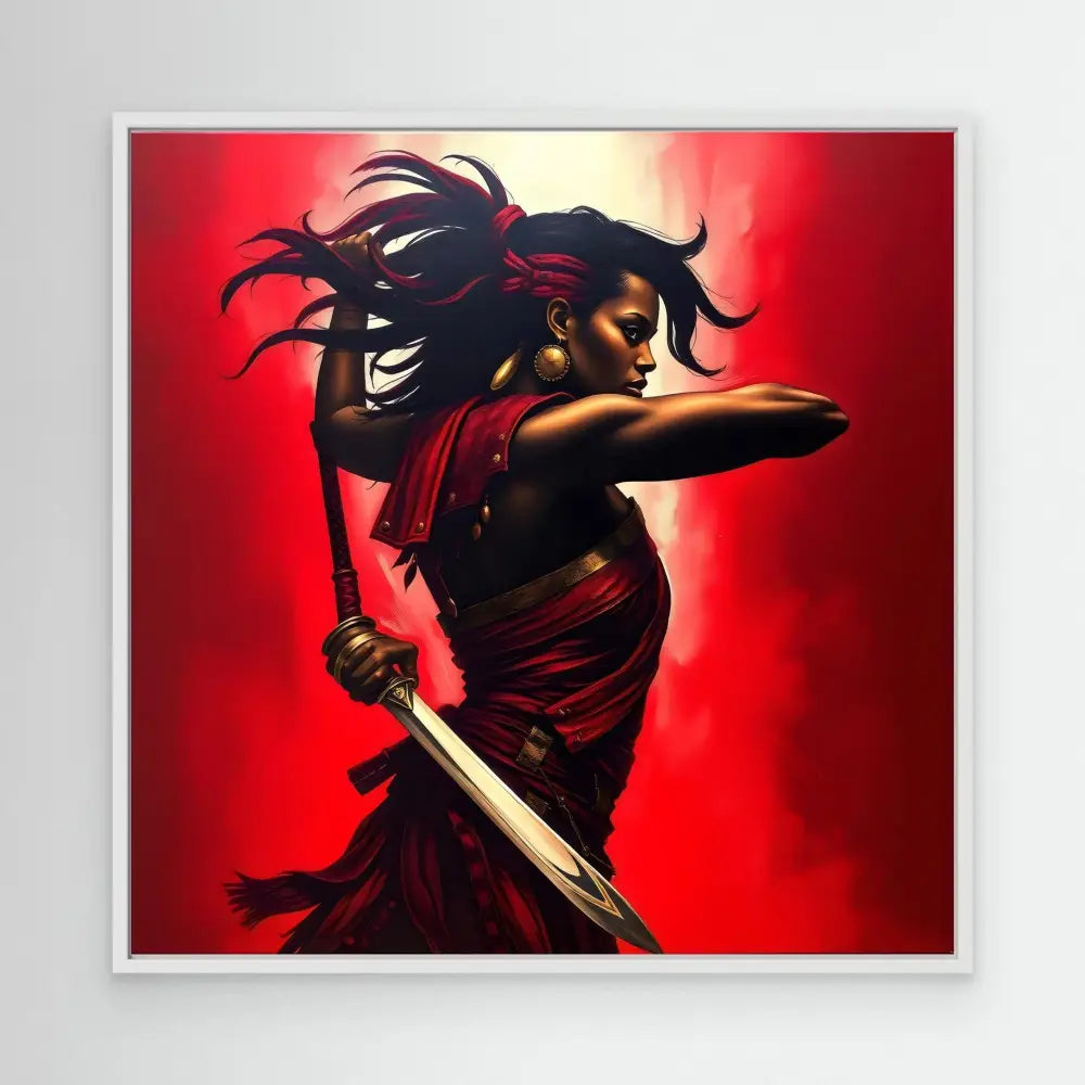 A warrior in a red dress wielding a sword in a dynamic pose.