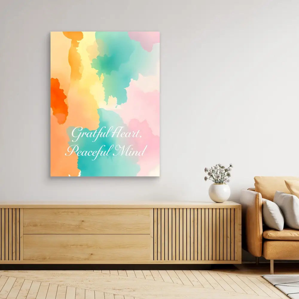 Watercolor art canvas with text ’Grateful Heart Peaceful Mind’ in soft pastel colors.