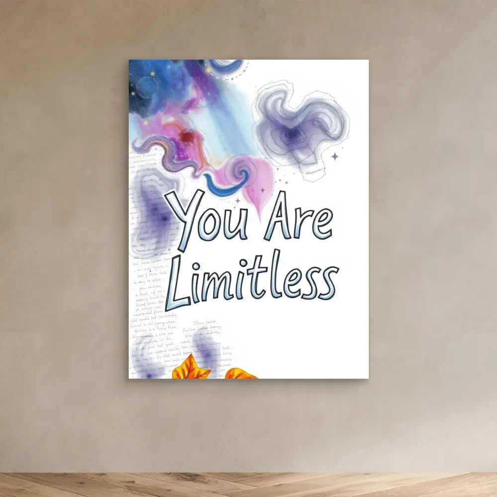 A watercolor artwork featuring the text ’You Are Limitless’ with swirling purple and blue designs.