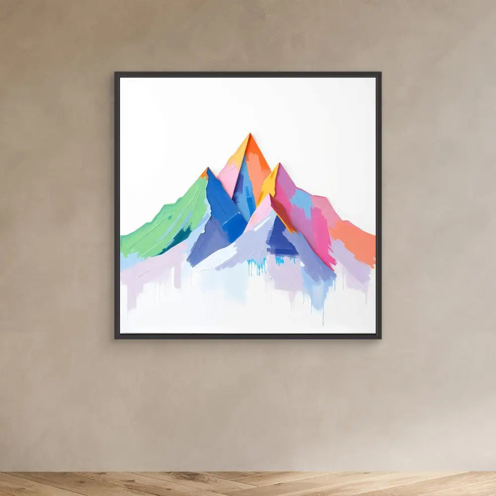 Watercolor painting of a colorful mountain peak with green, blue, pink and orange slopes.