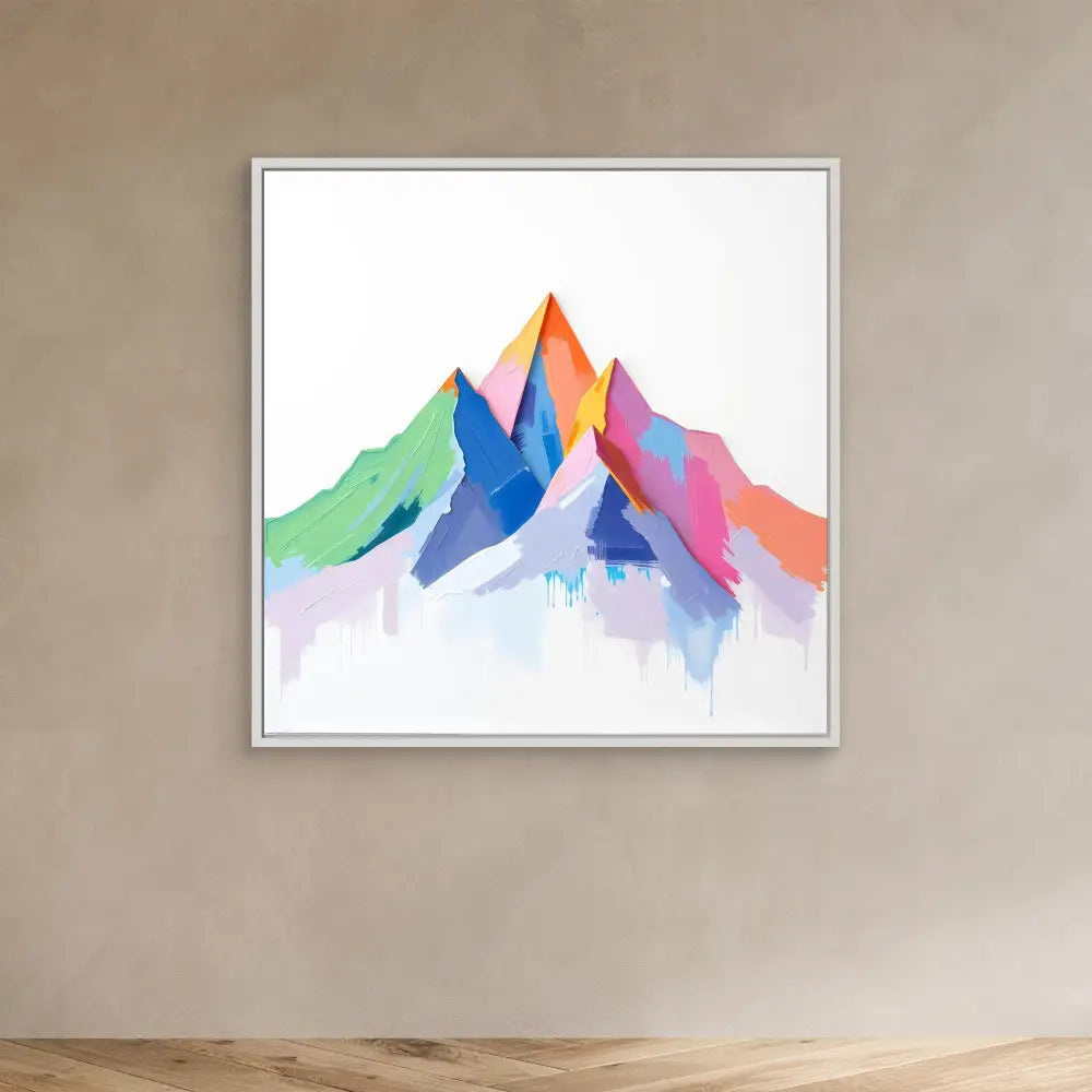 Watercolor painting of a colorful mountain peak with green, blue, pink and orange slopes.