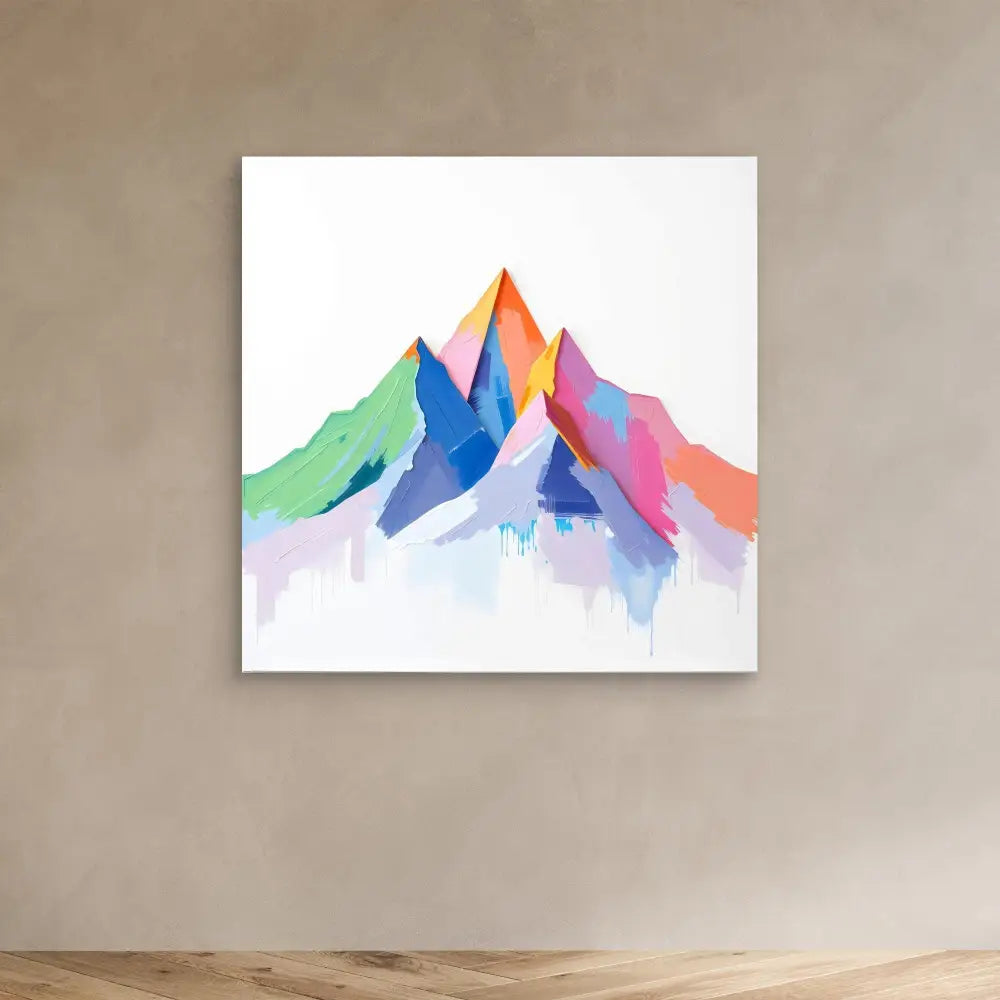 Watercolor painting of a colorful mountain peak with green, blue, pink and orange slopes.