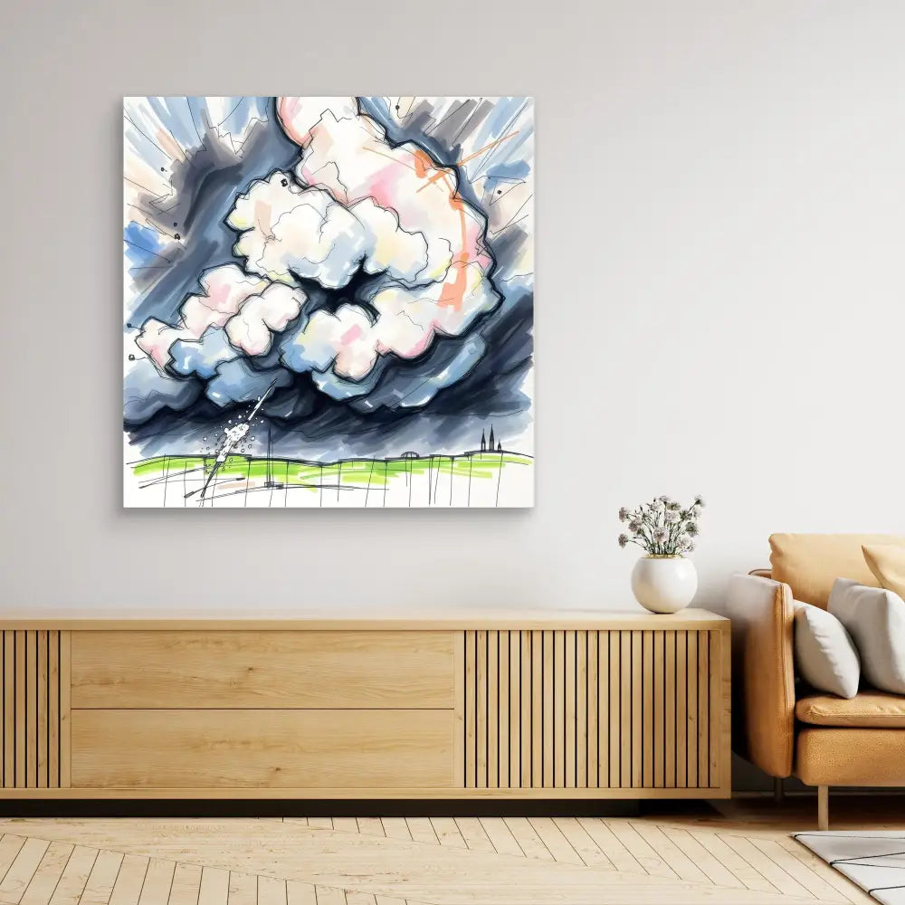 Watercolor painting of dramatic storm clouds over a simple landscape.