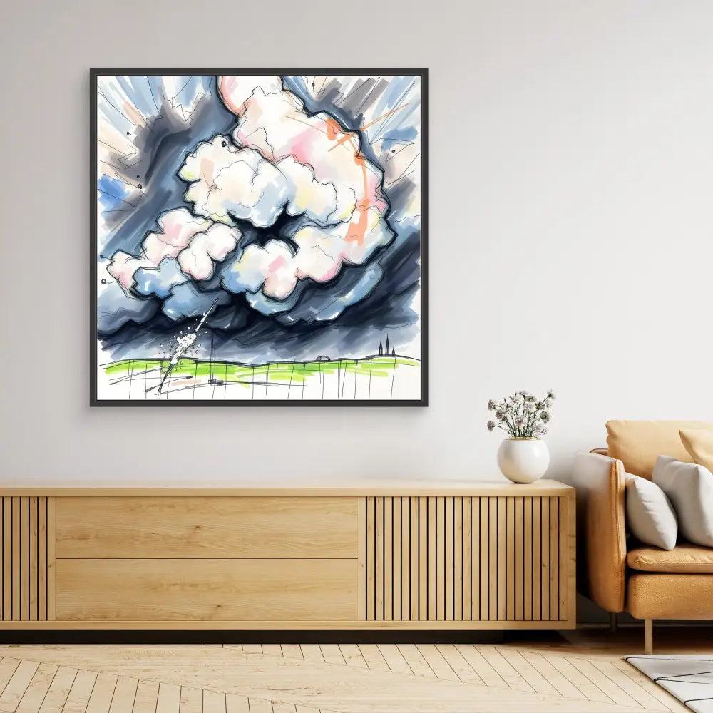 A watercolor painting of dramatic storm clouds over a simple landscape.