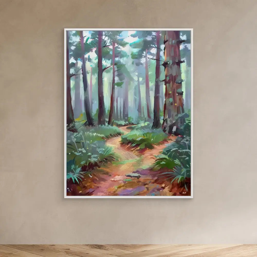 A watercolor painting of a misty forest path winding between pine trees.