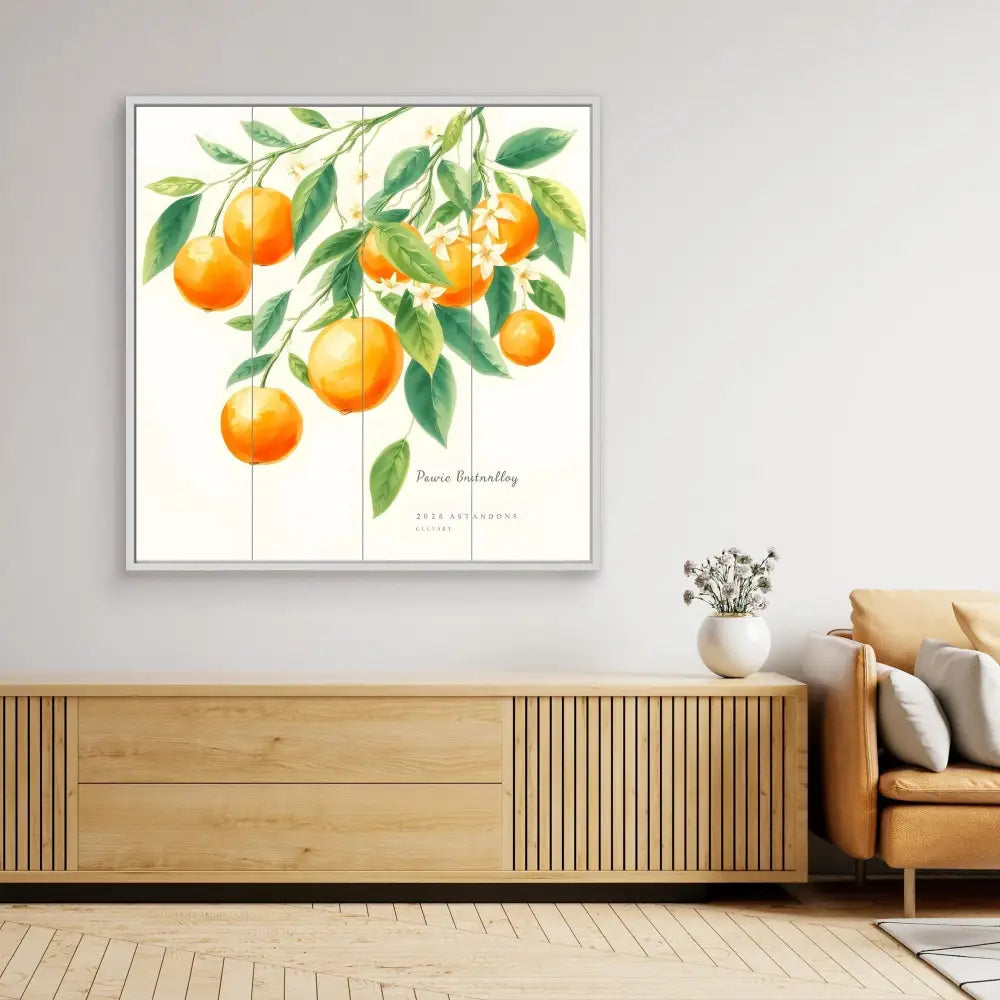 Watercolor painting of orange citrus fruits hanging from green-leafed branches.