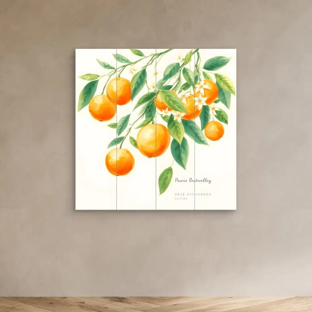 Watercolor painting of oranges hanging from branches with green leaves.