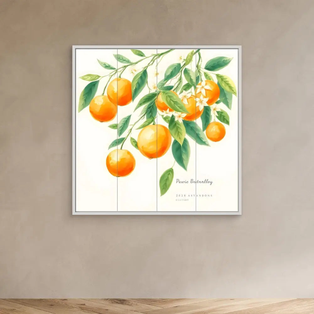 Watercolor painting of oranges hanging from branches with green leaves.