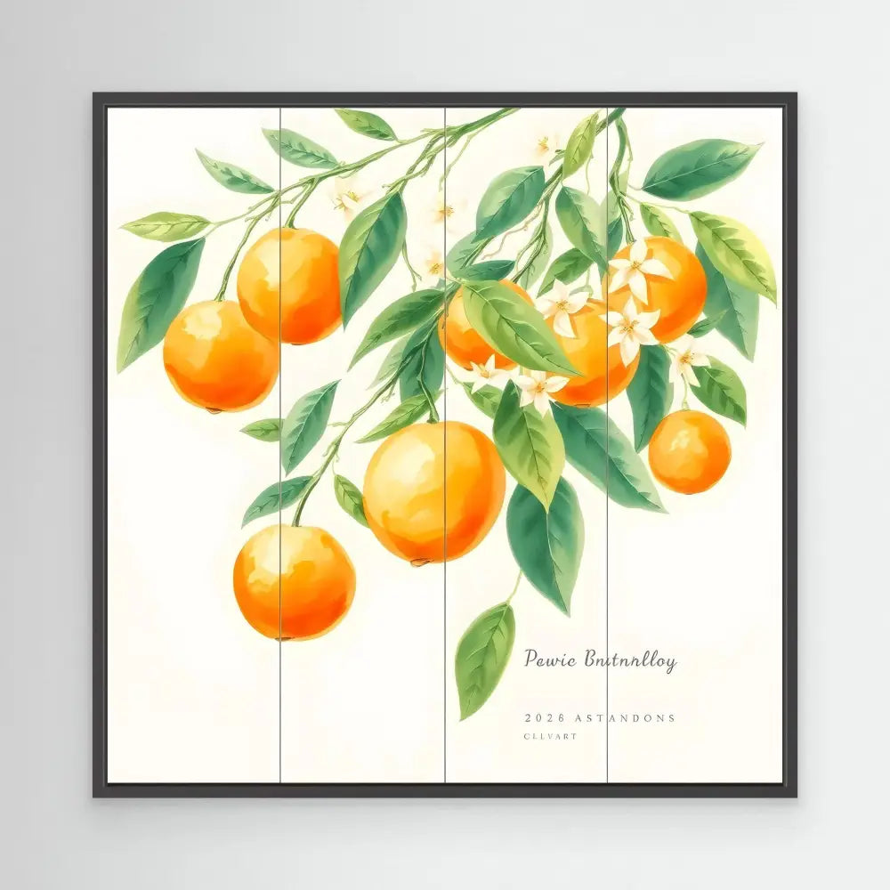 Watercolor painting of oranges hanging from branches with green leaves.