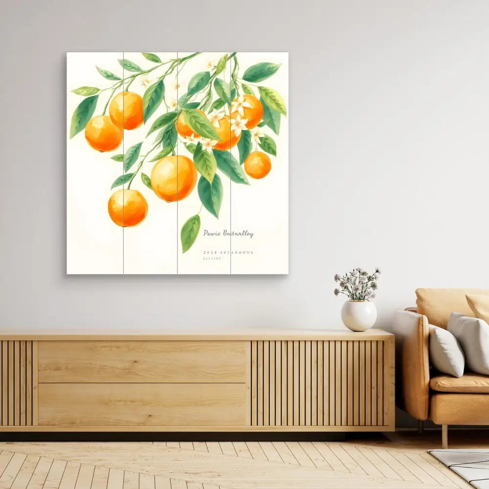 Watercolor painting of oranges and green leaves on branches.