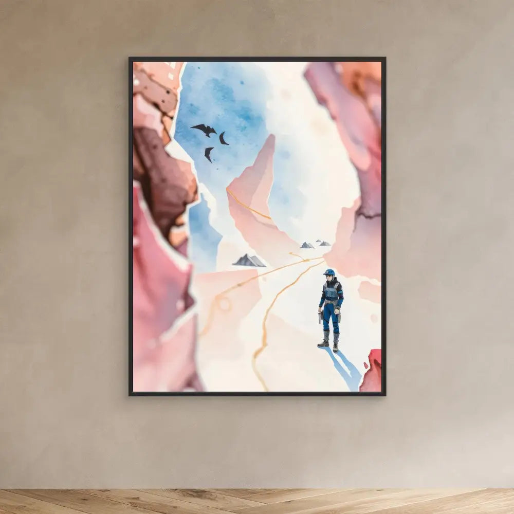 Watercolor painting of a solitary hiker on a mountain path with birds flying overhead.