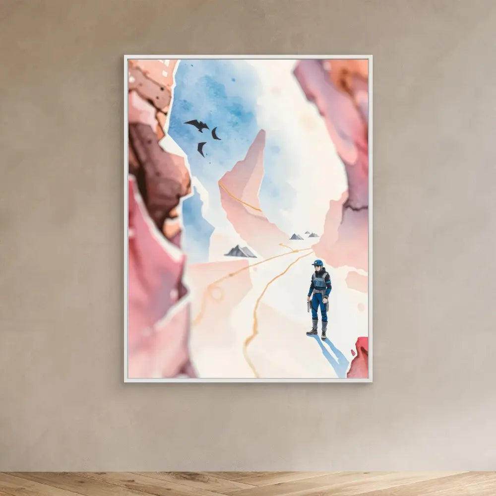 Watercolor painting of a solitary hiker on a winding path with birds flying overhead.