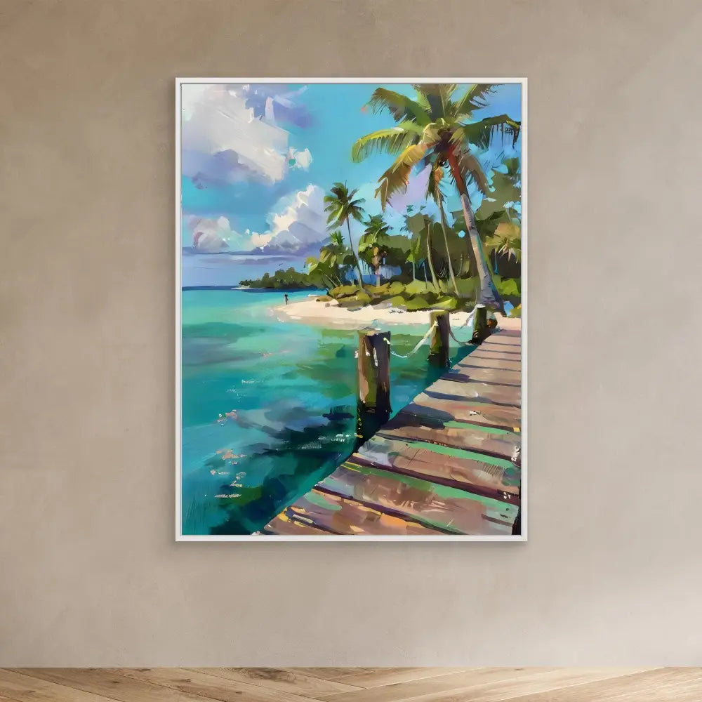 A watercolor painting of a tropical beach boardwalk with palm trees and turquoise waters.