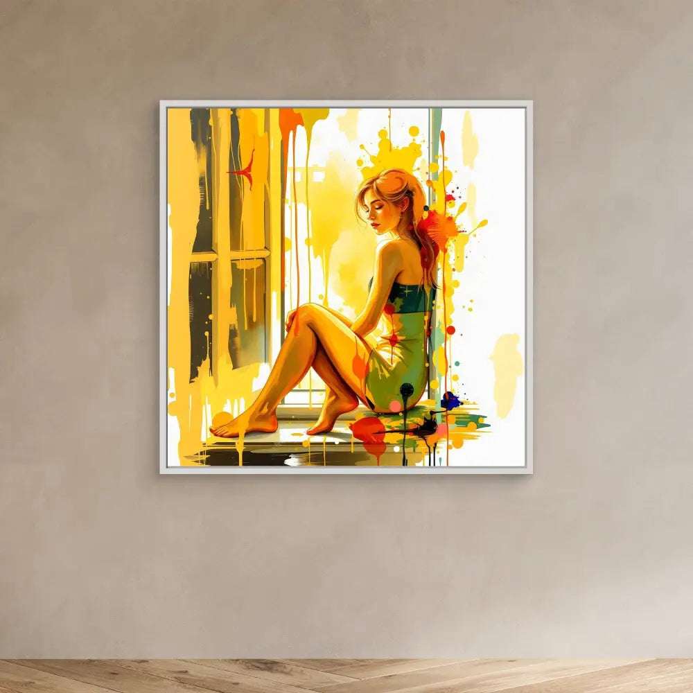 Watercolor-style artwork depicting a figure sitting by a window with vibrant yellow and orange splashes.