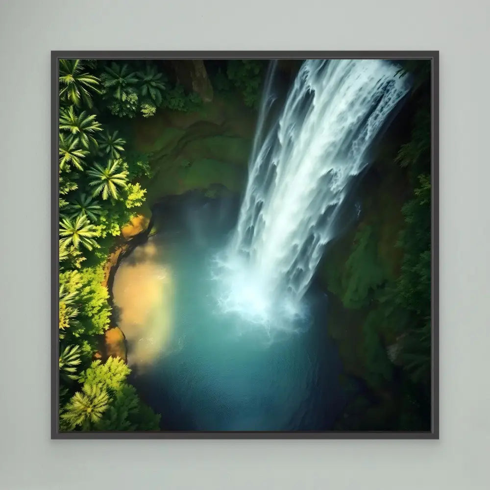 A cascading waterfall flows down into a misty turquoise pool.