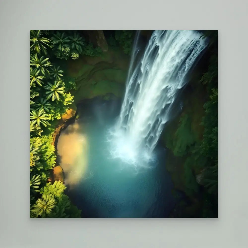 A cascading waterfall flows into a misty turquoise pool.