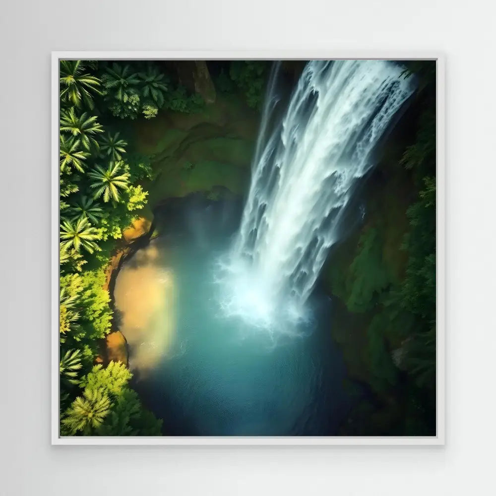 A cascading waterfall flows powerfully through lush tropical foliage.