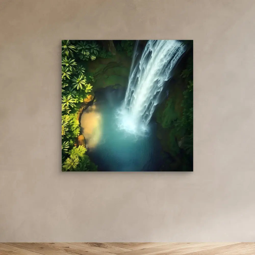 A cascading waterfall flows powerfully through lush tropical foliage.