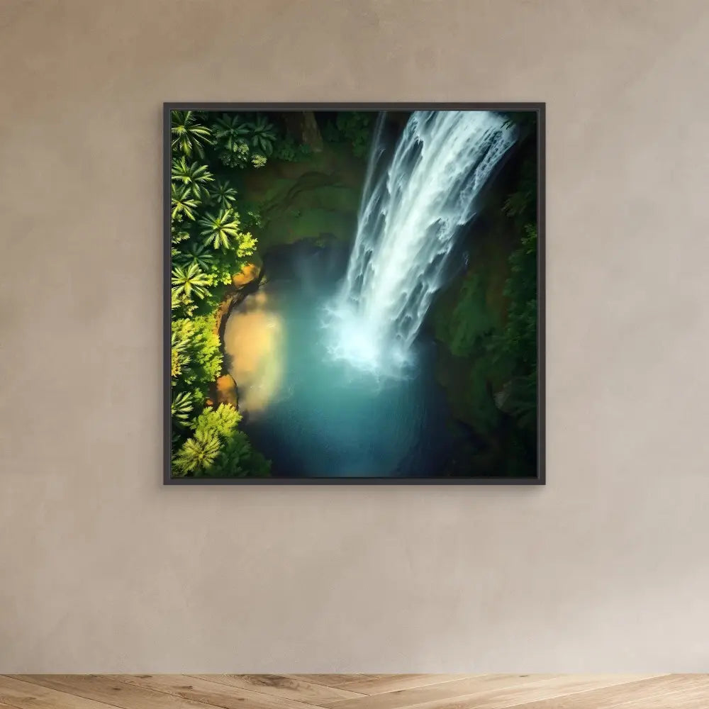 Cascading waterfall with misty spray and tropical foliage along its edge.