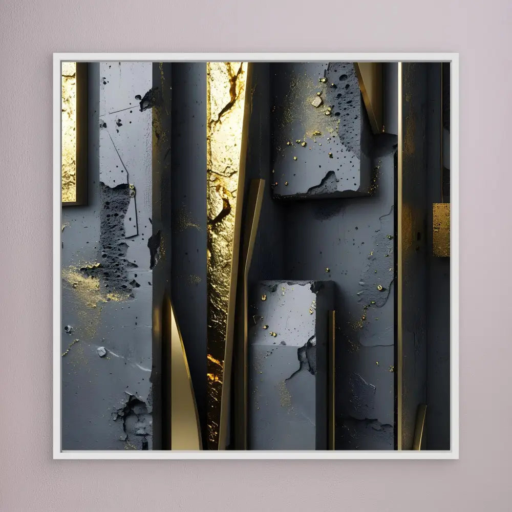 Weathered metal surfaces with peeling paint intersected by gold-toned metallic strips.