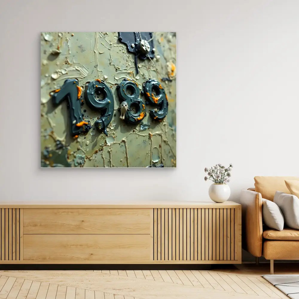 Weathered metallic numbers showing ’1989’’ mounted on a textured surface.