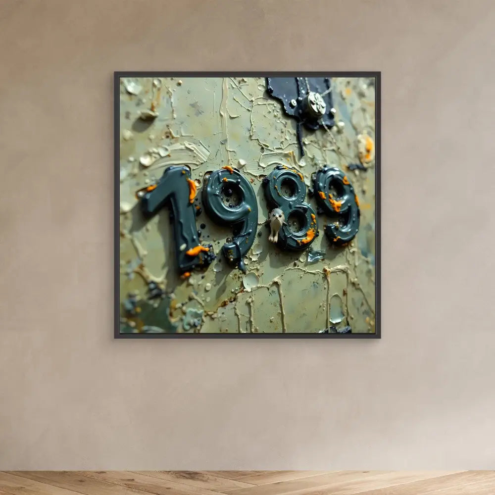 Weathered metallic numbers showing ’1989’’ on a peeling painted surface.