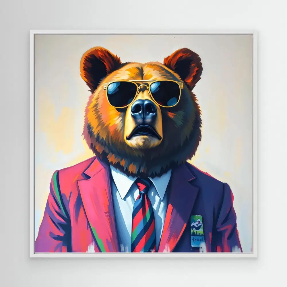 A well-dressed bear wearing sunglasses, a suit jacket, dress shirt and striped tie.