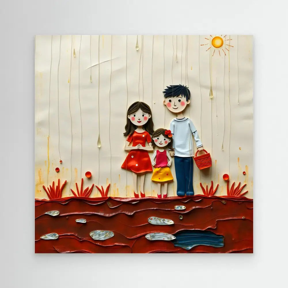 A whimsical artwork depicting a family holding baskets near red flowers and fish.