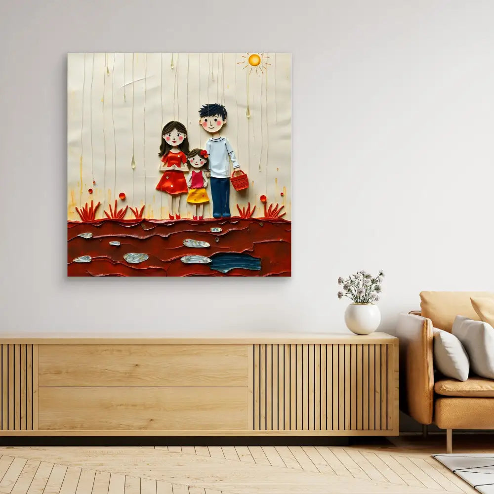 A whimsical artwork depicting two cartoon children holding hands among red flowers and puddles.