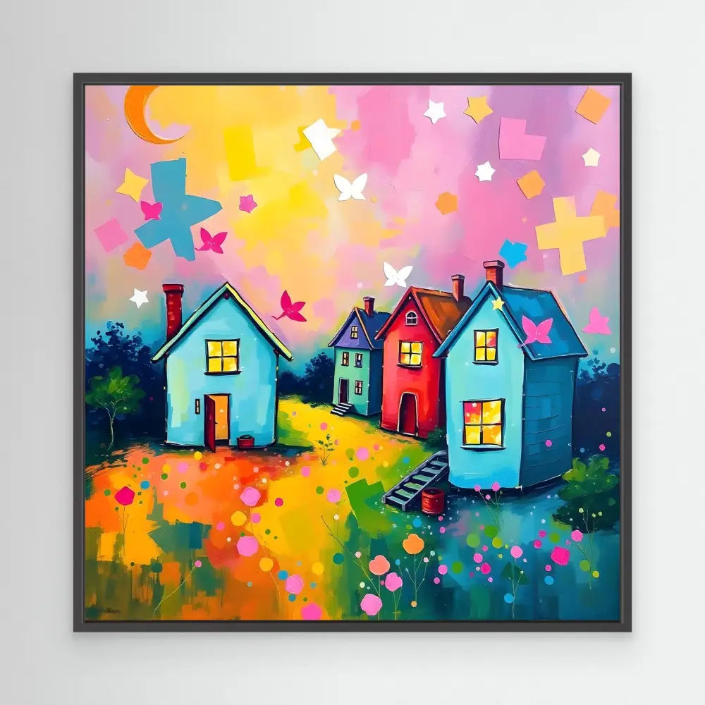 Whimsical houses with glowing windows sit along a colorful path beneath stars and butterflies.