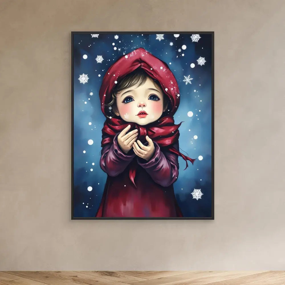 Whimsical illustration of a child in a red winter coat and hood amid falling snow.