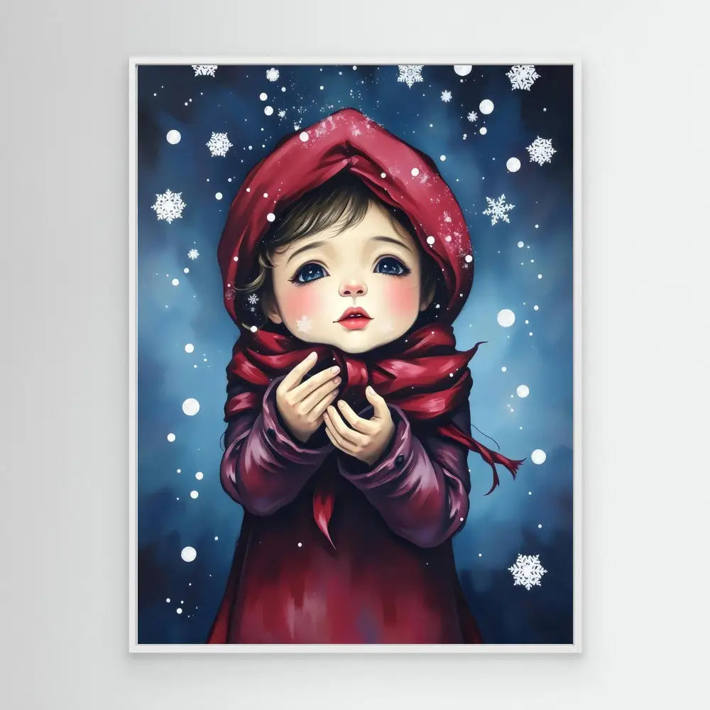 Whimsical illustration of a child in a red winter coat and hood amid falling snowflakes.