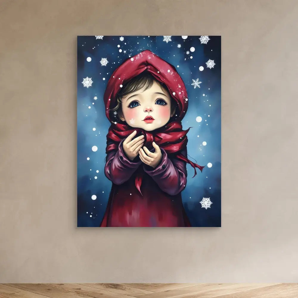 Whimsical illustration of a child in a red winter coat and hood amid falling snow.