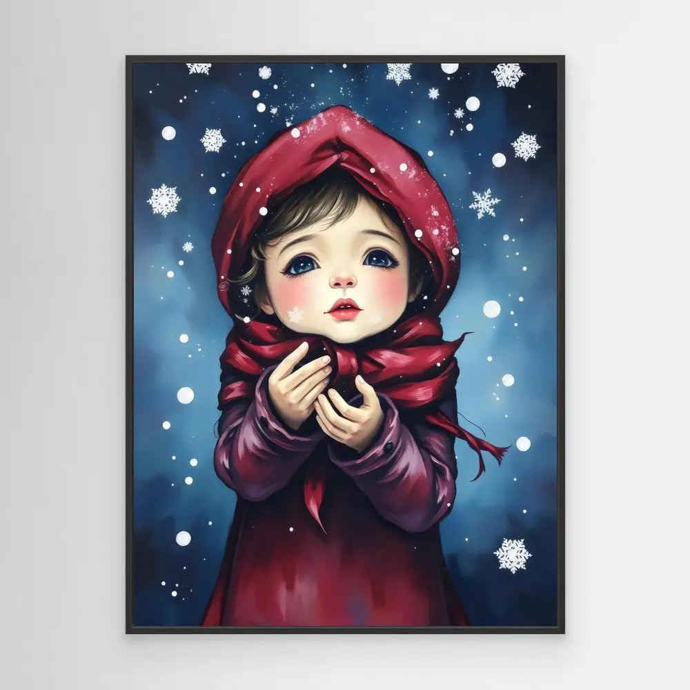 Whimsical illustration of a child in a red winter coat and hood catching snowflakes.