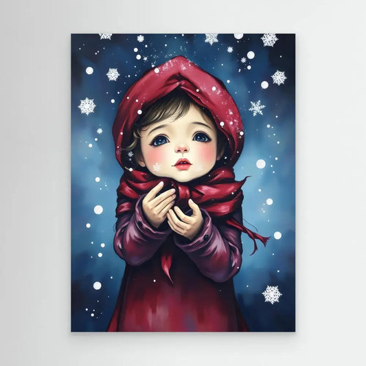 Whimsical illustration of a child in a red winter coat and hood gazing upward at falling snow.