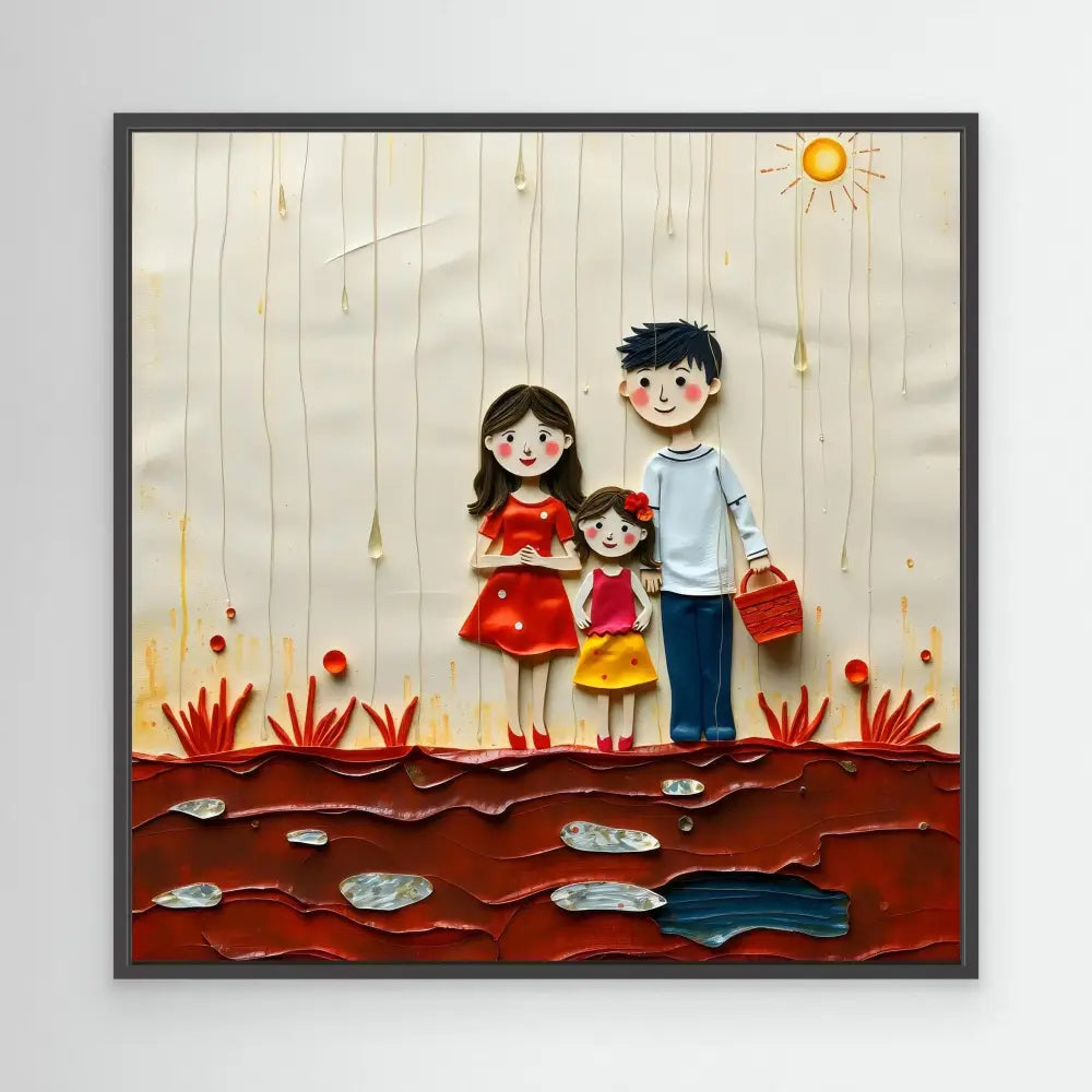 A whimsical paper craft artwork depicting a family standing together with red flowers at their feet.