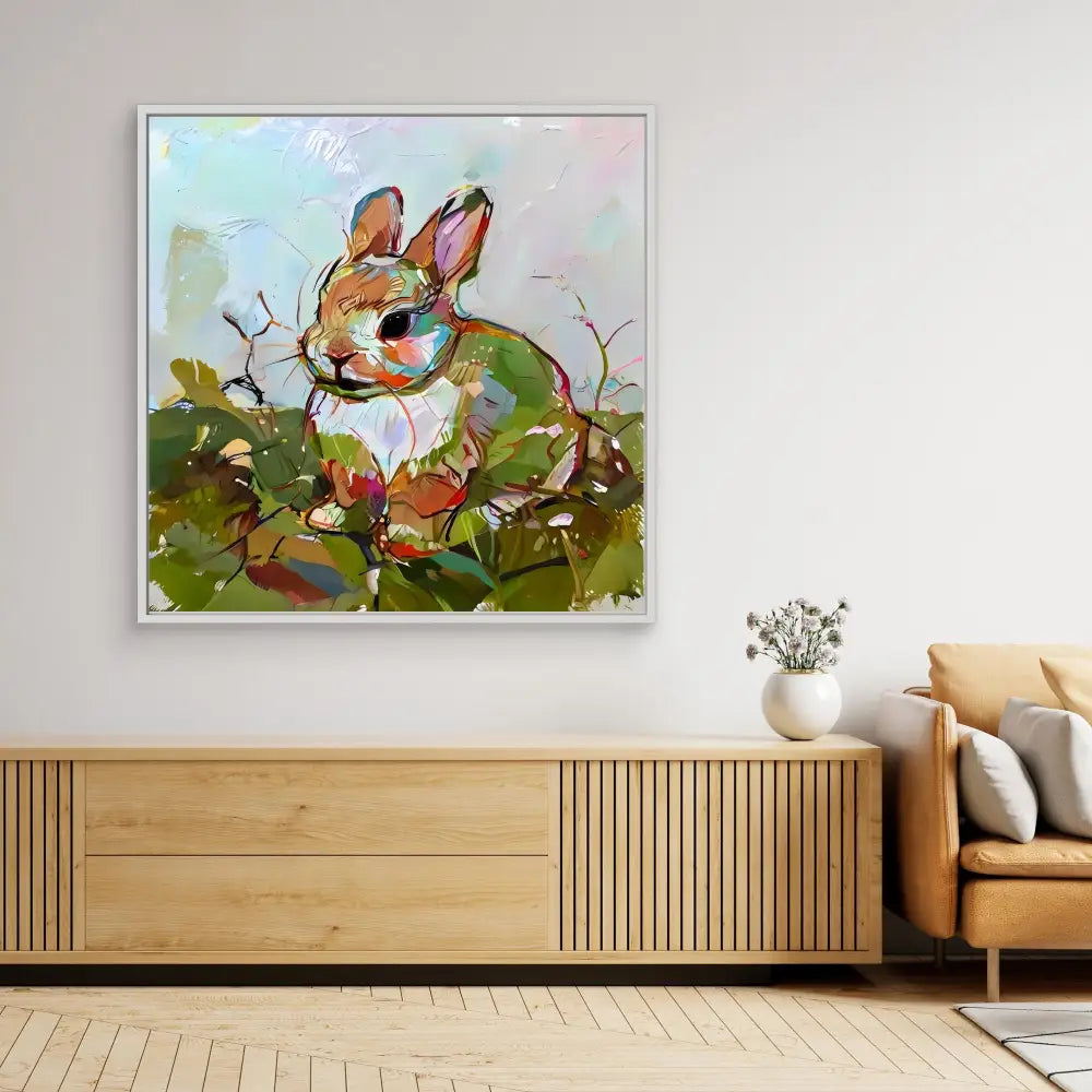 A whimsical watercolor painting of a bunny wearing a green vest.