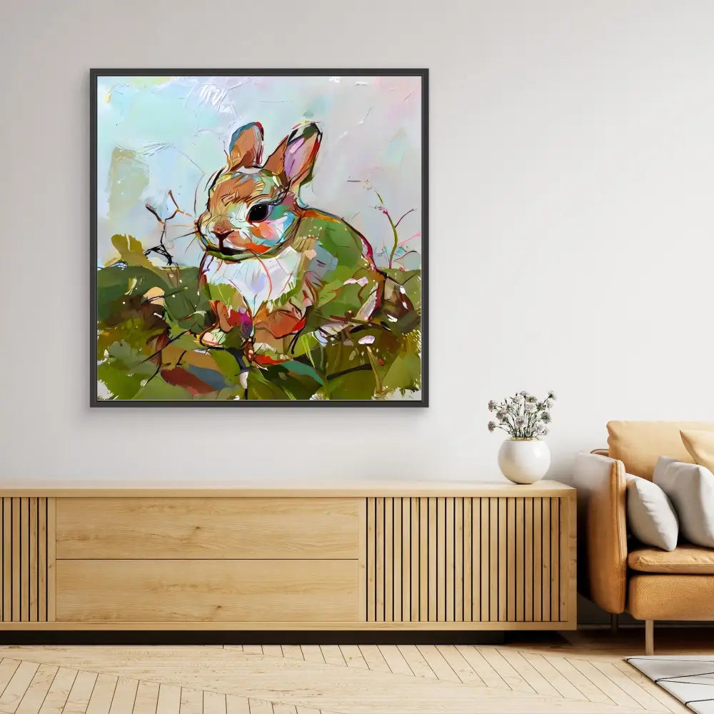 A whimsical watercolor painting of a bunny rabbit with green and orange tones.