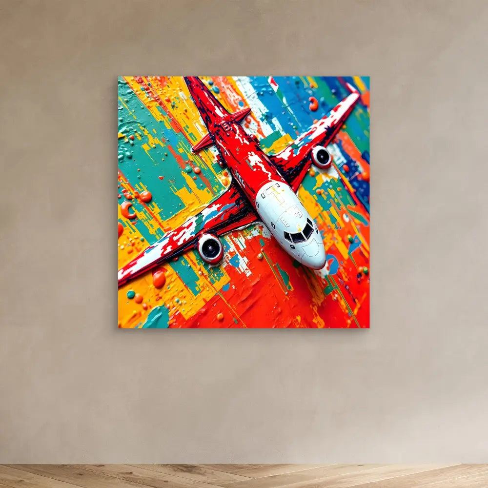 A white passenger aircraft with red accents against a vibrant splattered paint background.