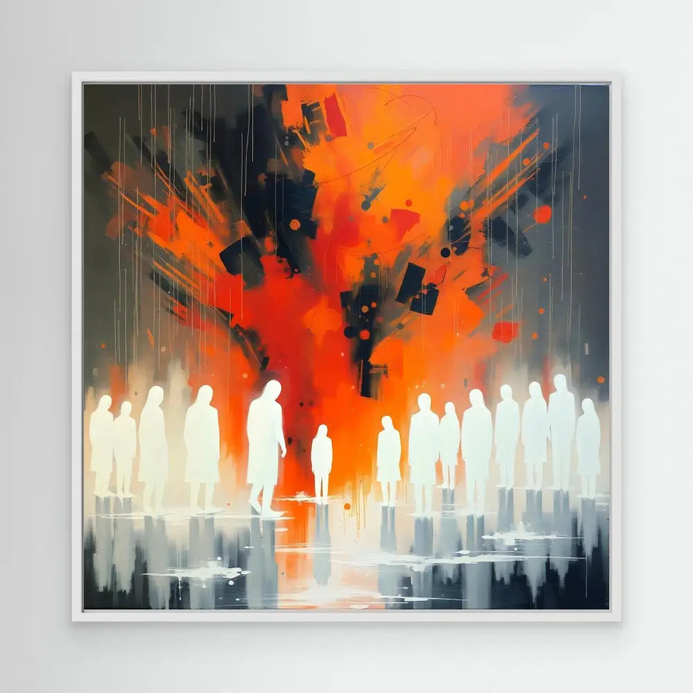 White silhouettes of people stand beneath an explosive orange and black sky.