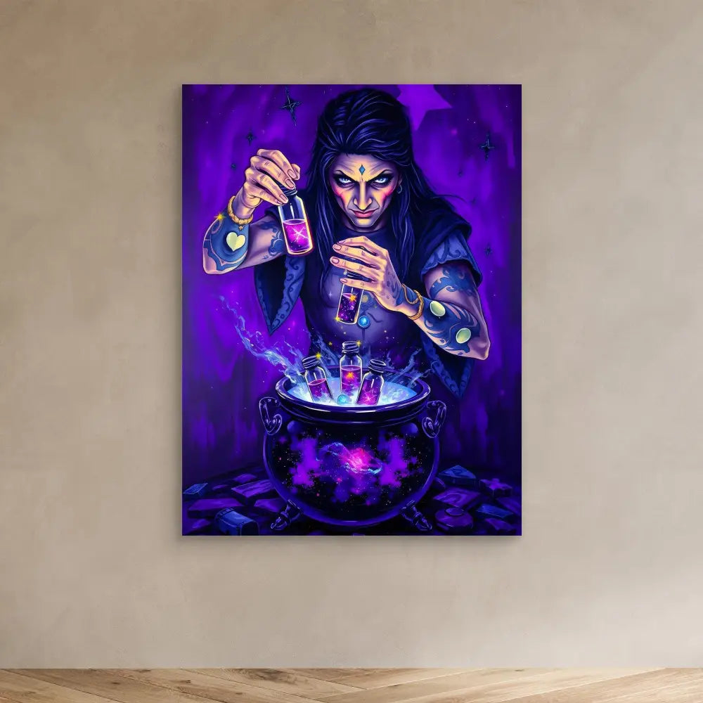 A witch brewing a mysterious potion in a bubbling cauldron with glowing purple magical effects.