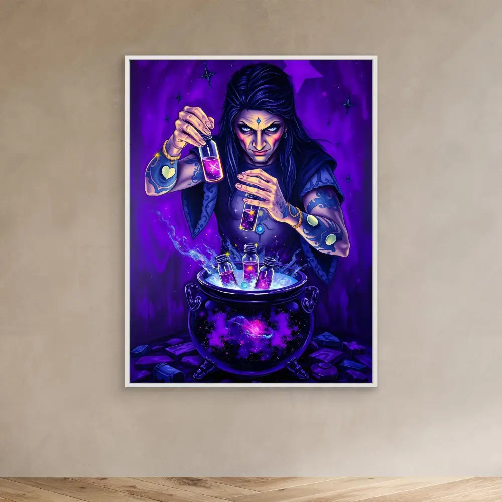 A witch brewing a mysterious potion in a bubbling cauldron with glowing purple vials.