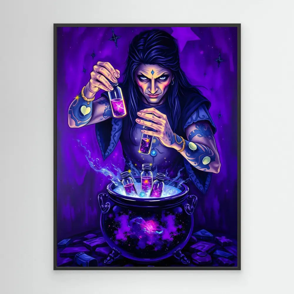 A witch mixing glowing purple potions over a bubbling cauldron.