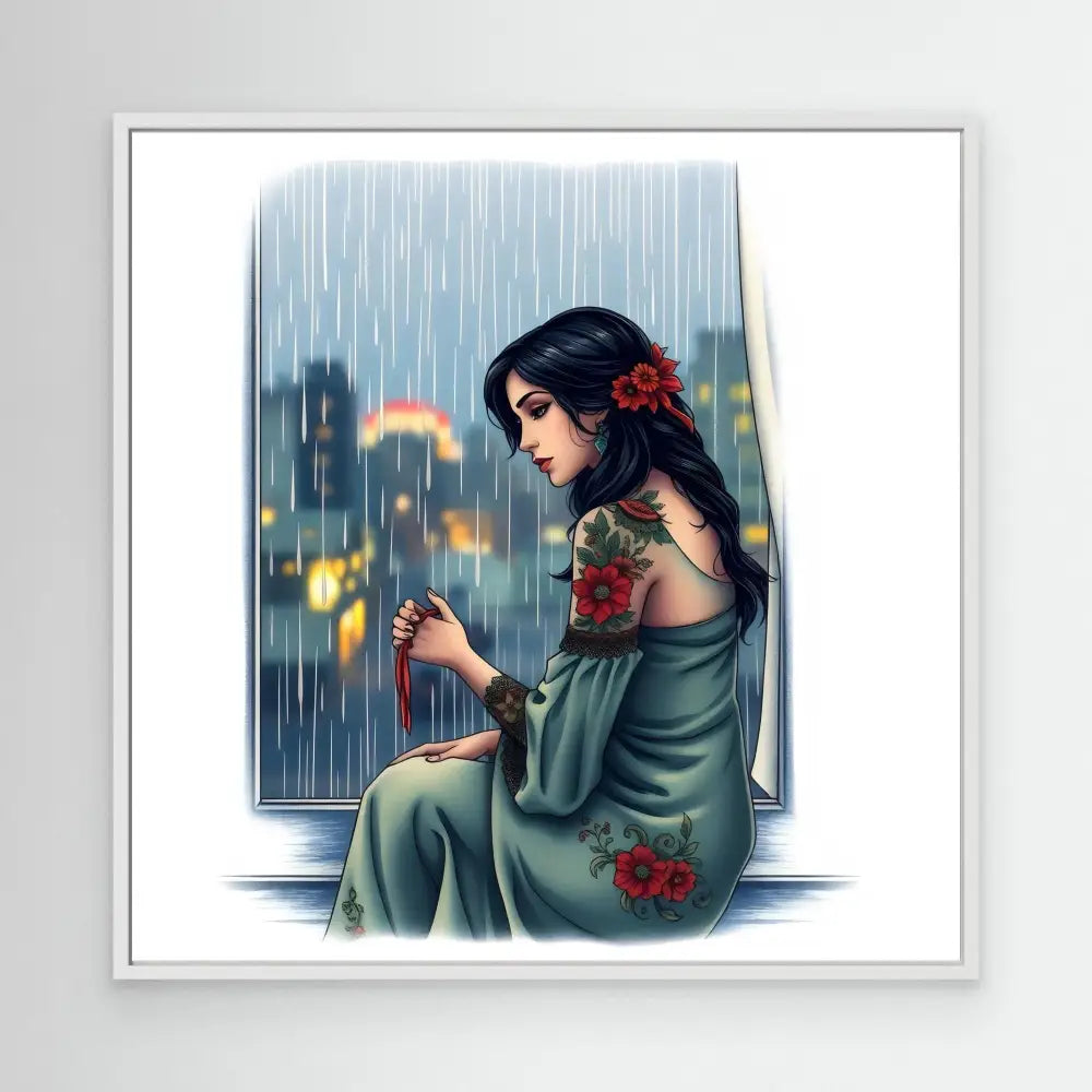 A woman in a green dress with red flowers sits by a rainy window.