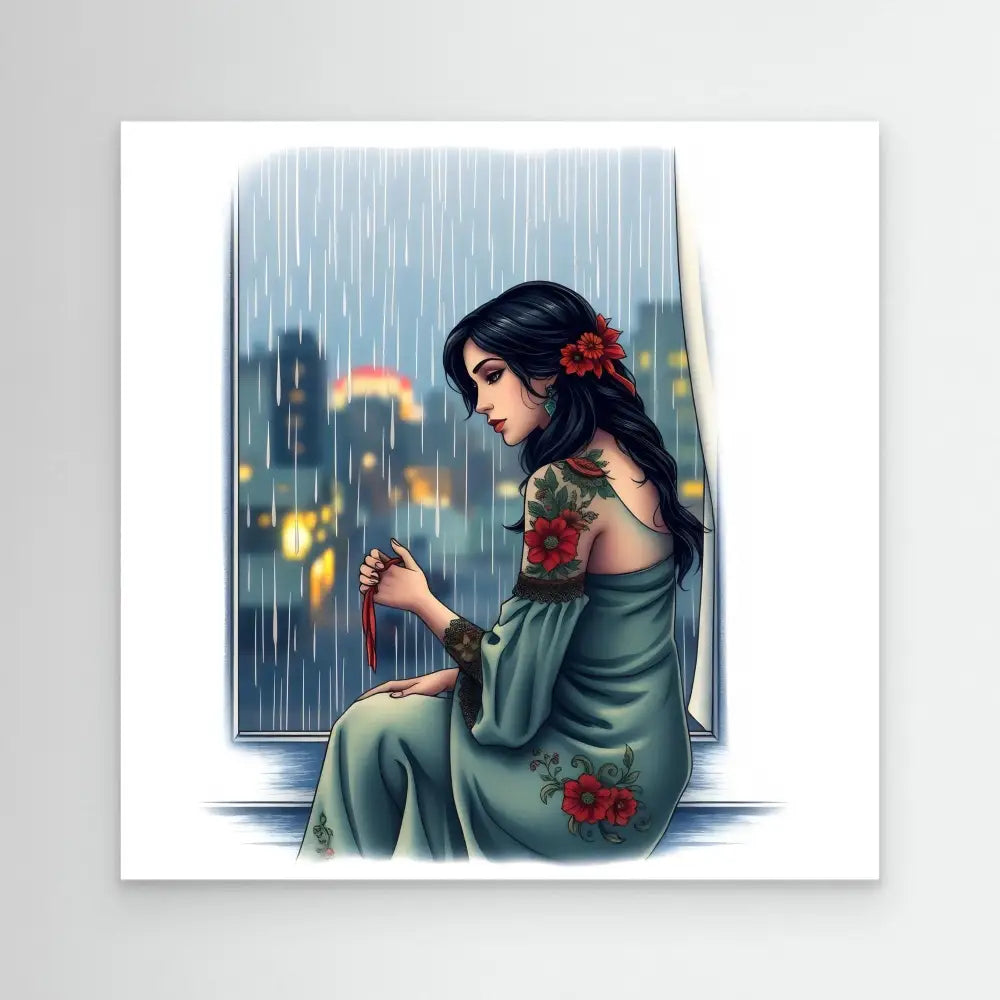 A woman in a green dress with red roses sits by a rainy window.