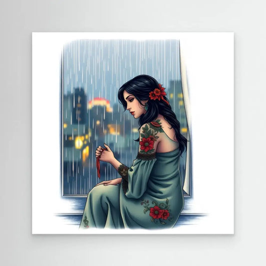 A woman in a green dress with red roses sits by a rainy window.