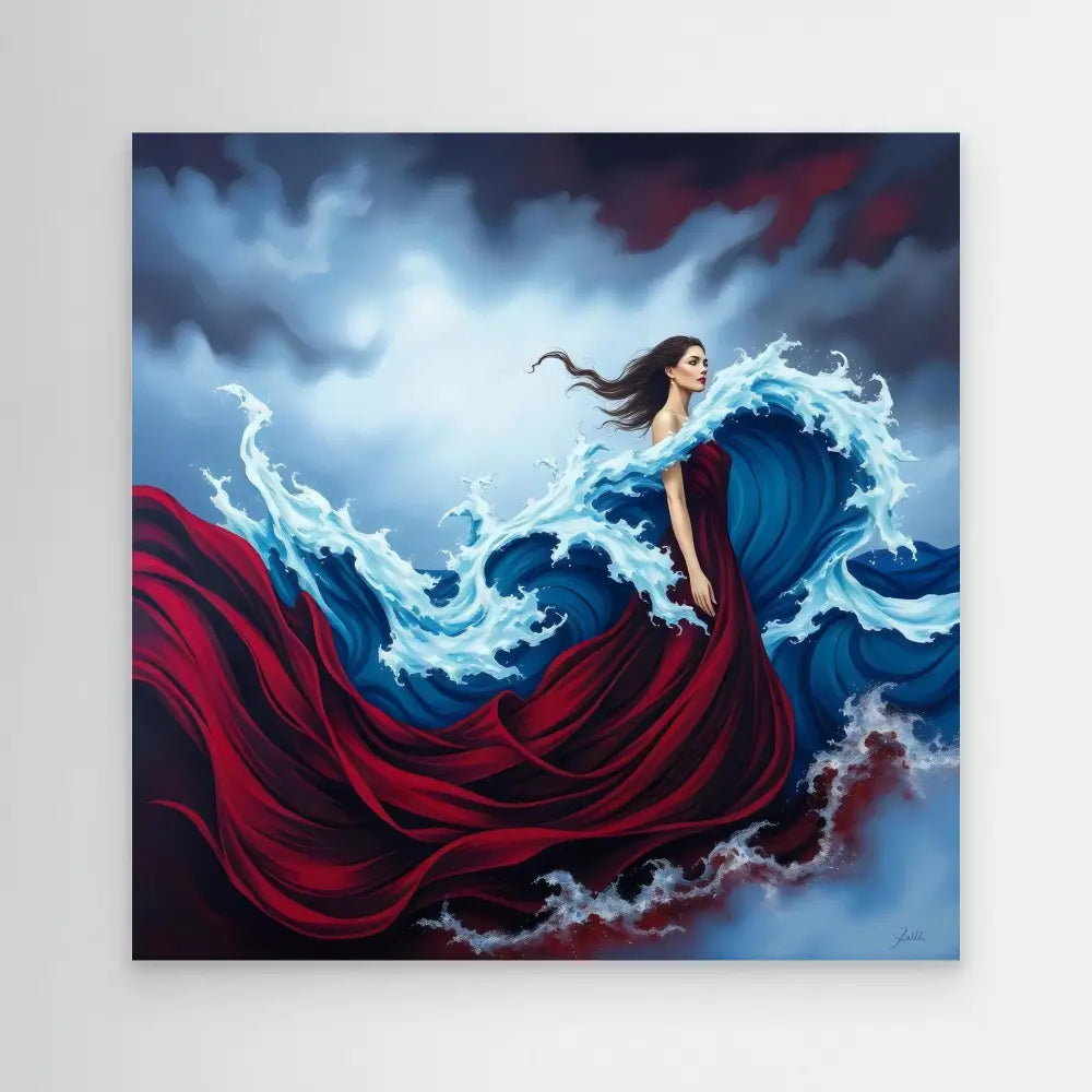 A woman in a flowing red and blue dress stands amid swirling water effects.