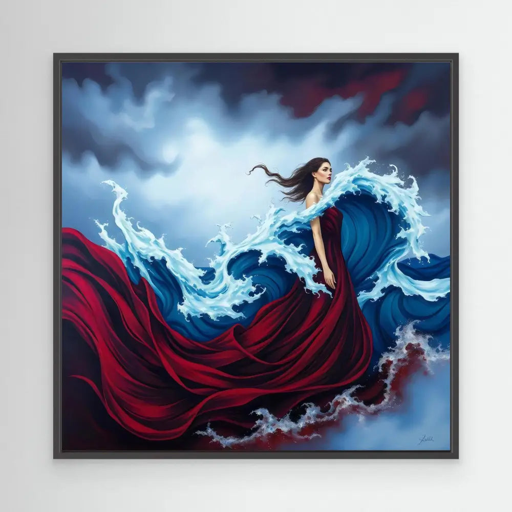 A woman in a flowing red dress stands amid swirling water waves.