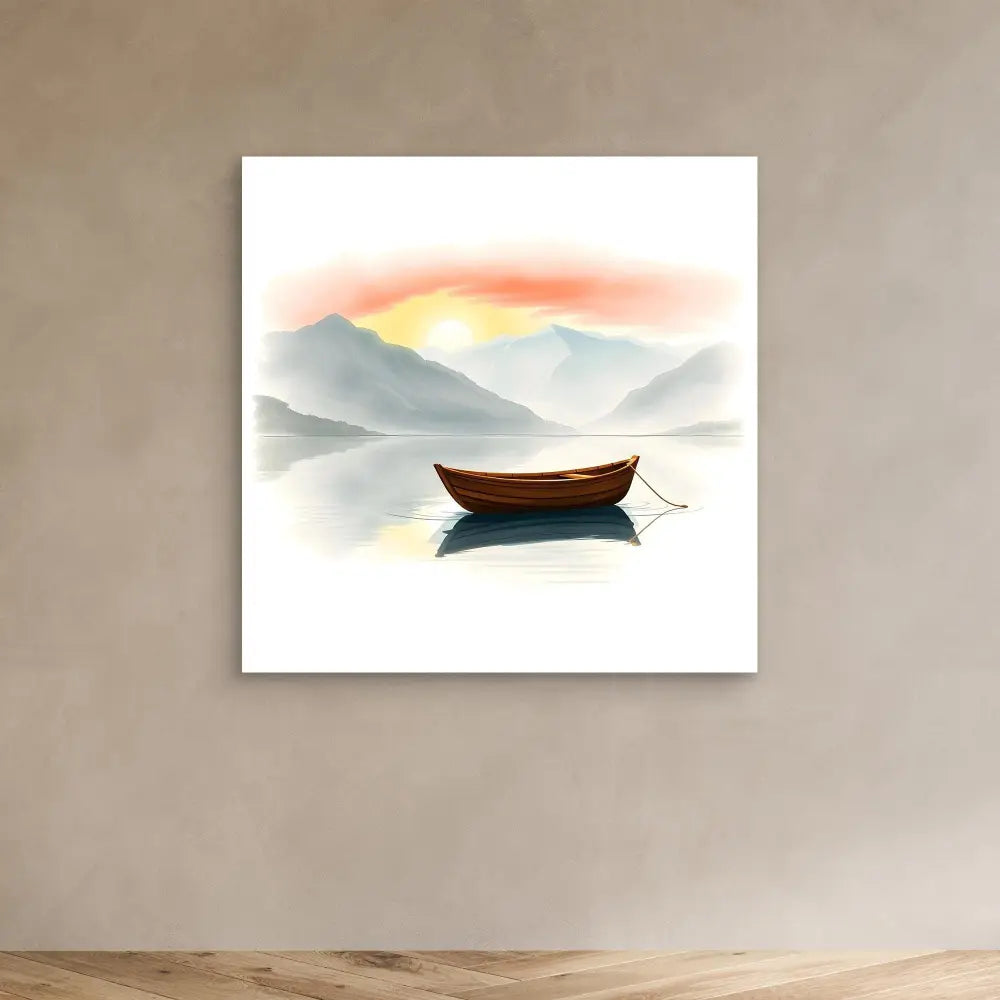 Wooden boat floating serenely on calm water.