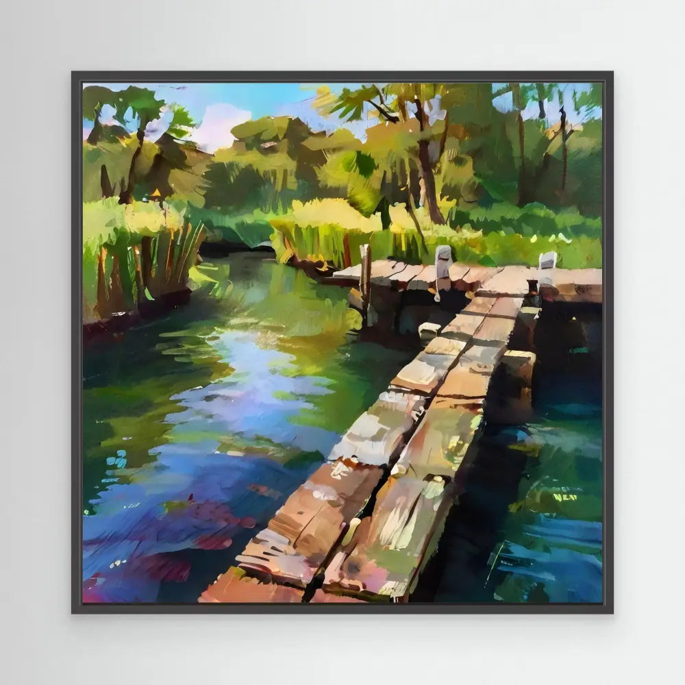 A wooden dock extends across tranquil water.